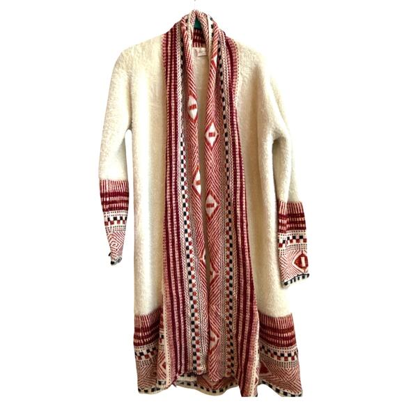 Altar'd State Cream Faux Fur Open Front Long Cardigan with Tribal Design Accents - Picture 1 of 8